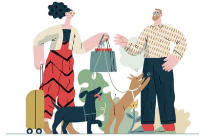Illustration eines Paares mit zwei Hunden beim Spaziergang und Einkaufen im Freien.