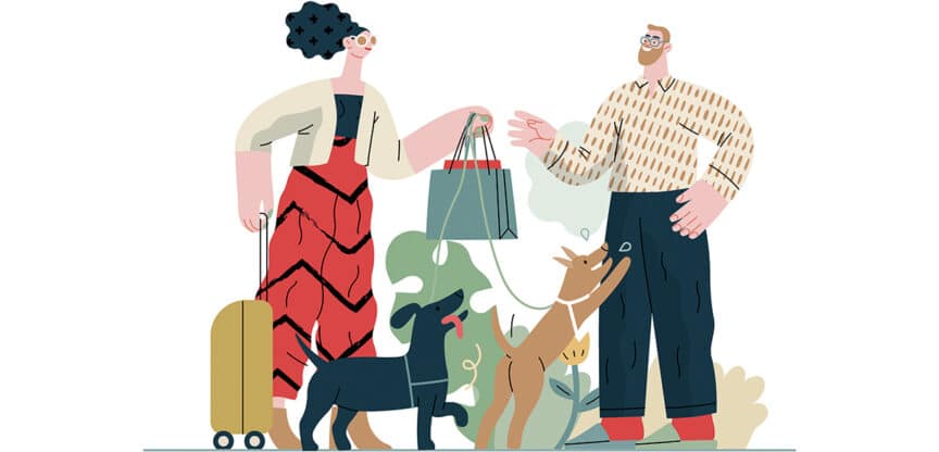 Illustration eines Paares mit zwei Hunden beim Spaziergang und Einkaufen im Freien.