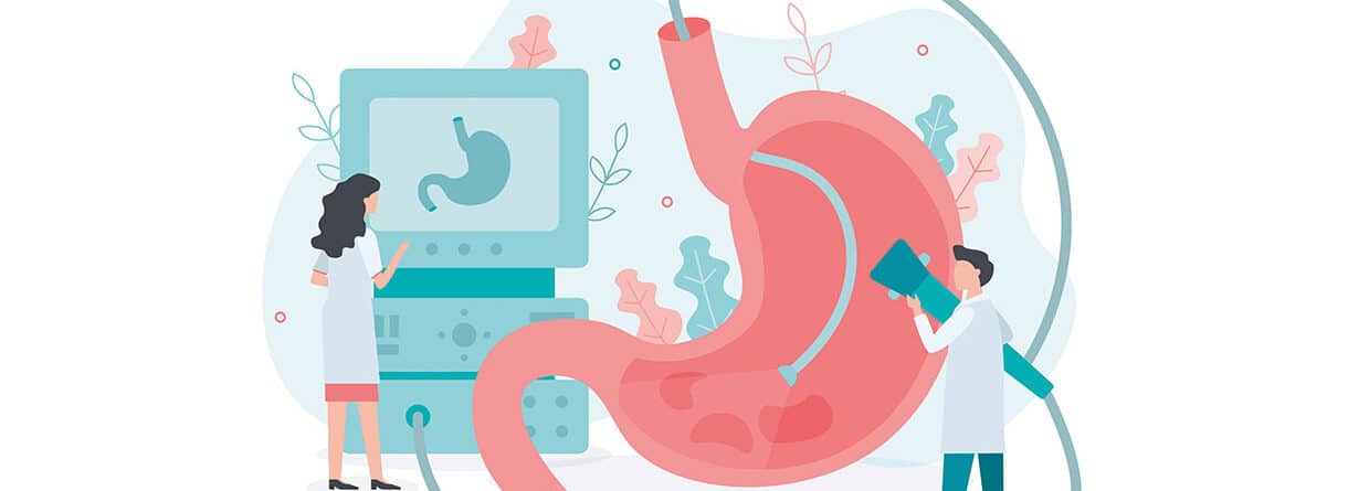 Illustration einer Magenuntersuchung mit Endoskopie und medizinischem Personal bei der Diagnose.