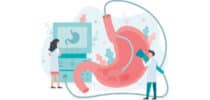 Illustration einer Magenuntersuchung mit Endoskopie und medizinischem Personal bei der Diagnose.
