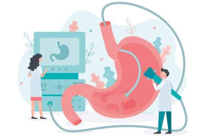 Illustration einer Magenuntersuchung mit Endoskopie und medizinischem Personal bei der Diagnose.