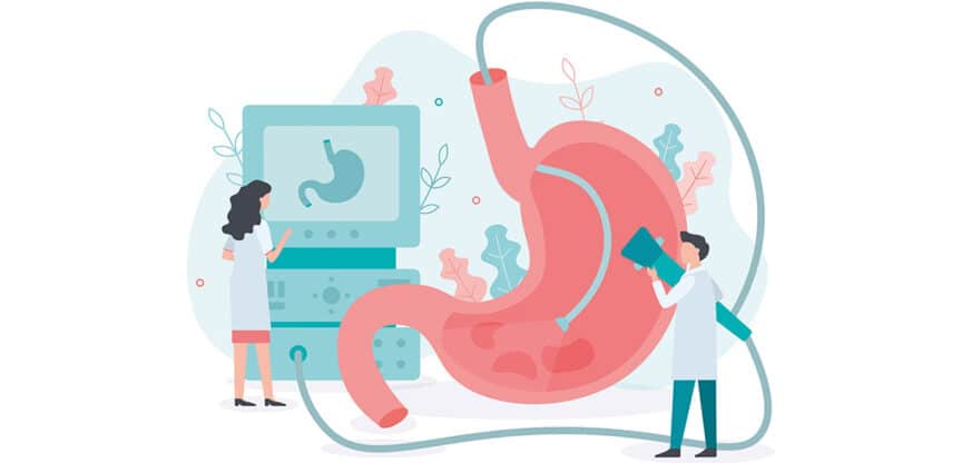 Illustration einer Magenuntersuchung mit Endoskopie und medizinischem Personal bei der Diagnose.