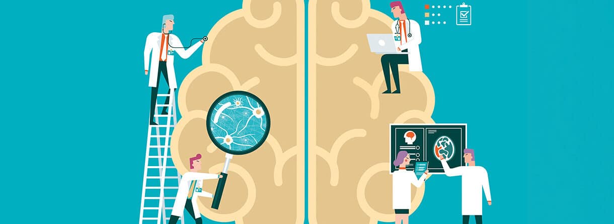 Illustration eines Gehirns, das von medizinischem Personal untersucht und analysiert wird.