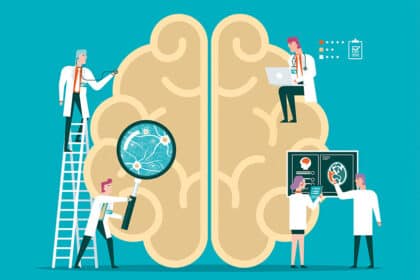 Illustration eines Gehirns, das von medizinischem Personal untersucht und analysiert wird.