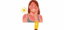 Illustration einer Frau mit starkem Sonnenbrand im Gesicht und an den Schultern sowie einer Sonnencreme-Tube als Symbol für UV-Schutz.