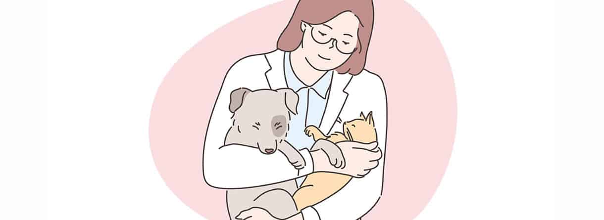 Illustration einer Tierärztin, die einen Hund und eine Katze hält.