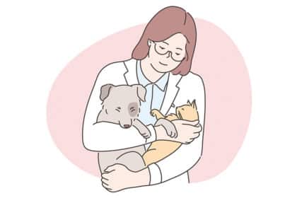 Illustration einer Tierärztin, die einen Hund und eine Katze hält.