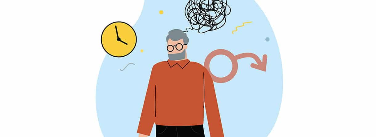 Illustration eines älteren Mannes mit verwirrten Gedanken, Symbolen für Zeit und männliche Gesundheit