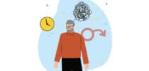 Illustration eines älteren Mannes mit verwirrten Gedanken, Symbolen für Zeit und männliche Gesundheit