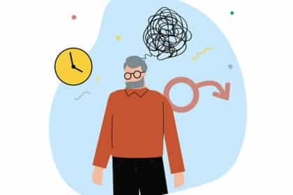 Illustration eines älteren Mannes mit verwirrten Gedanken, Symbolen für Zeit und männliche Gesundheit