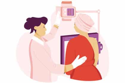 Illustration einer Frau bei einer Mammografie-Untersuchung, begleitet von medizinischem Fachpersonal zur Brustkrebs-Früherkennung.