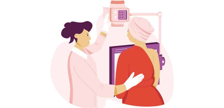 Illustration einer Frau bei einer Mammografie-Untersuchung, begleitet von medizinischem Fachpersonal zur Brustkrebs-Früherkennung.