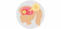 Illustration eines Gehirns mit hervorgehobenem Tumor und vergrößerter Darstellung von Krebszellen.