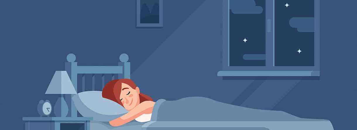 Illustration einer friedlich schlafenden Frau im Bett bei Nacht mit Mond und Sternen am Fenster.