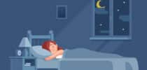 Illustration einer friedlich schlafenden Frau im Bett bei Nacht mit Mond und Sternen am Fenster.