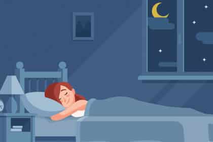 Illustration einer friedlich schlafenden Frau im Bett bei Nacht mit Mond und Sternen am Fenster.