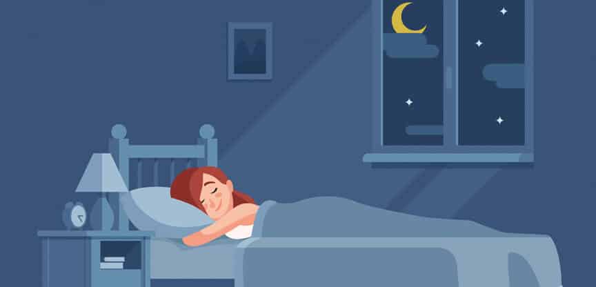 Illustration einer friedlich schlafenden Frau im Bett bei Nacht mit Mond und Sternen am Fenster.