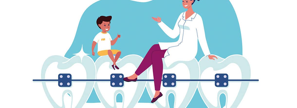 Illustration einer Zahnärztin, die einem Kind eine Zahnspange erklärt – Symbol für kieferorthopädische Behandlung im Kindesalter.