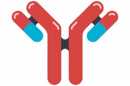 Illustration eines Y-förmigen Antikörpers mit gebundenen Medikamenten – Symbol für moderne Antikörpertherapien und zielgerichtete Krebsbehandlung.