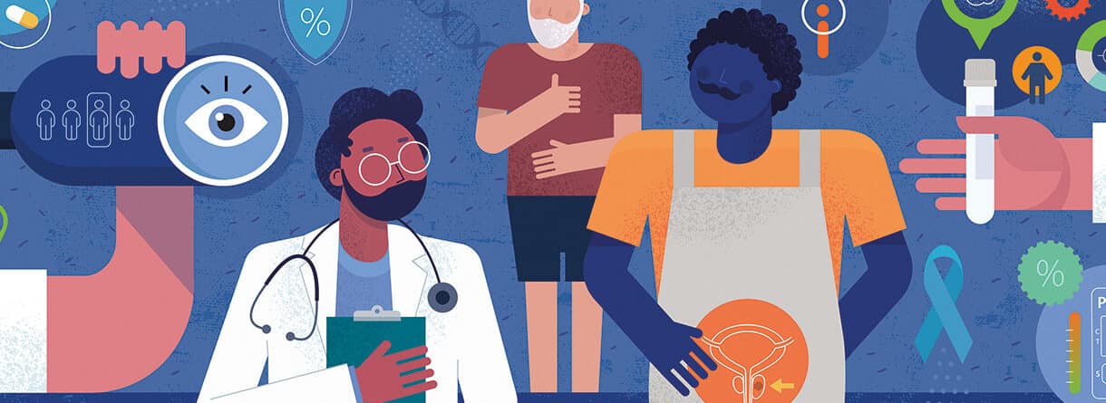 Illustration zu Prostatakrebs mit Arzt, Patient und medizinischen Symbolen für Früherkennung, Diagnostik, Therapie und Vorsorge.
