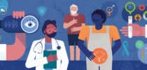 Illustration zu Prostatakrebs mit Arzt, Patient und medizinischen Symbolen für Früherkennung, Diagnostik, Therapie und Vorsorge.