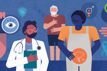 Illustration zu Prostatakrebs mit Arzt, Patient und medizinischen Symbolen für Früherkennung, Diagnostik, Therapie und Vorsorge.