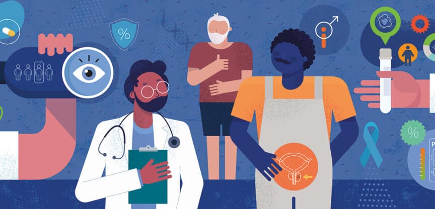 Illustration zu Prostatakrebs mit Arzt, Patient und medizinischen Symbolen für Früherkennung, Diagnostik, Therapie und Vorsorge.