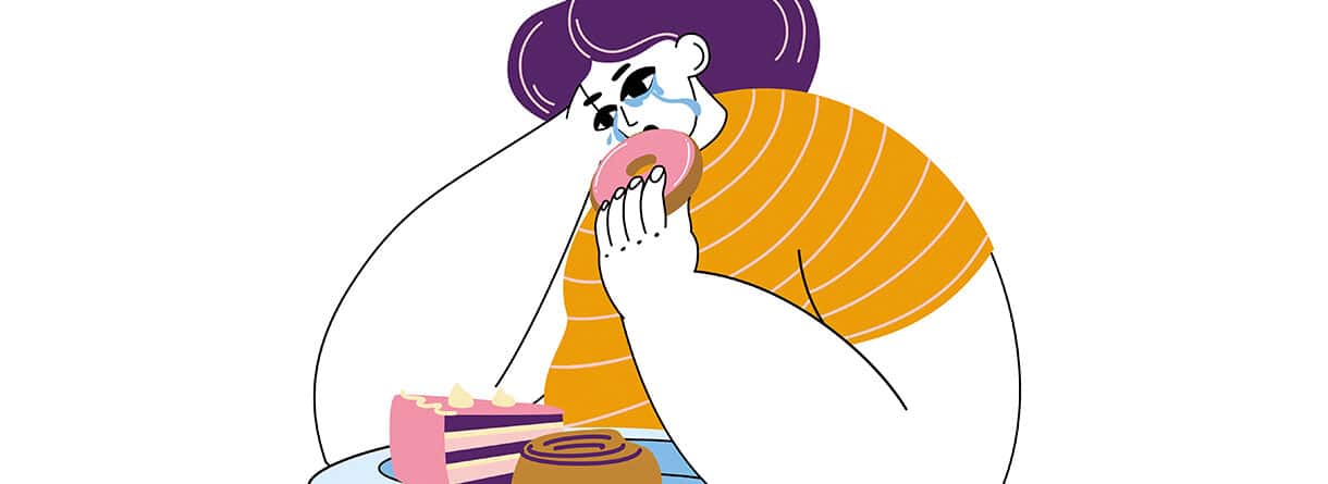 Illustration einer traurigen übergewichtigen Person beim Essen von Süßigkeiten als Symbol für emotionales Essen und Essstörungen.