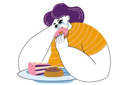 Illustration einer traurigen übergewichtigen Person beim Essen von Süßigkeiten als Symbol für emotionales Essen und Essstörungen.