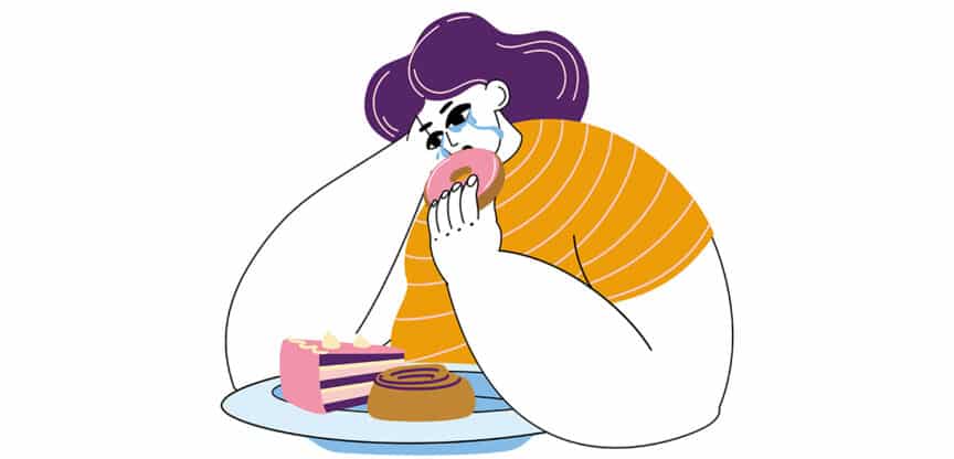 Illustration einer traurigen übergewichtigen Person beim Essen von Süßigkeiten als Symbol für emotionales Essen und Essstörungen.