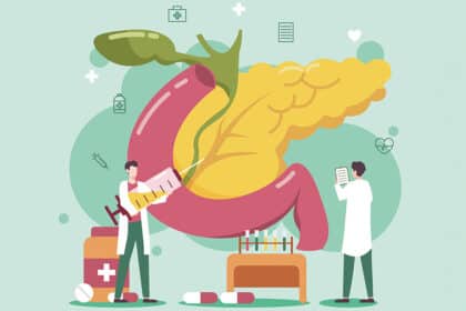 Illustration von Bauchspeicheldrüse und Magen mit medizinischem Personal – Symbol für Diagnostik, Forschung und Behandlung von Erkrankungen der Bauchspeicheldrüse.