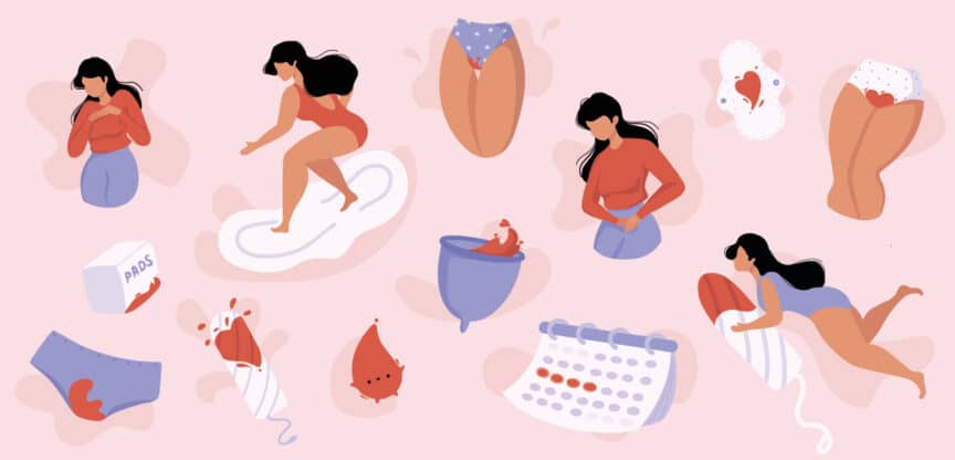 Bildtafel mit Frauen, Menstruationstasse, Binden, Tampon und markiertem Kalender – Symbolbild für den Menstruationszyklus.
