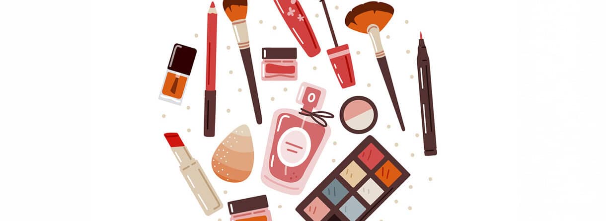 Illustration verschiedener Kosmetikprodukte wie Lippenstift, Mascara, Pinsel und Lidschatten – Symbolbild für Make-up, Schönheit und Hautpflege.