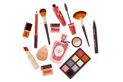 Illustration verschiedener Kosmetikprodukte wie Lippenstift, Mascara, Pinsel und Lidschatten – Symbolbild für Make-up, Schönheit und Hautpflege.