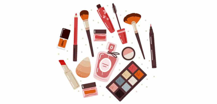 Illustration verschiedener Kosmetikprodukte wie Lippenstift, Mascara, Pinsel und Lidschatten – Symbolbild für Make-up, Schönheit und Hautpflege.