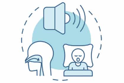 Illustration zu Schnarchen mit schlafender Person, Atemwegen und Symbol für laute Atemgeräusche.