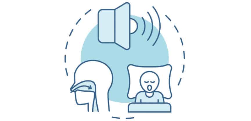Illustration zu Schnarchen mit schlafender Person, Atemwegen und Symbol für laute Atemgeräusche.