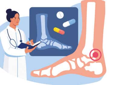 Illustration einer ärztlichen Untersuchung bei Schmerzen im Sprunggelenk mit Röntgenbild des Fußes.