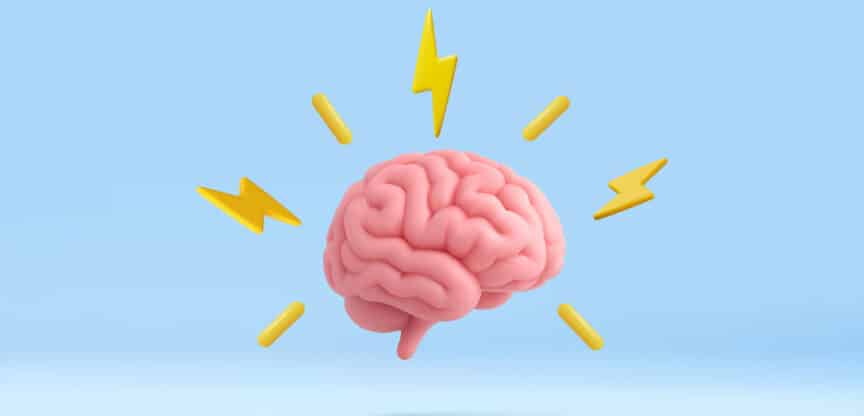 Illustration eines menschlichen Gehirns mit gelben Blitzen als Symbol für neuronale Aktivität und Schmerzreize.