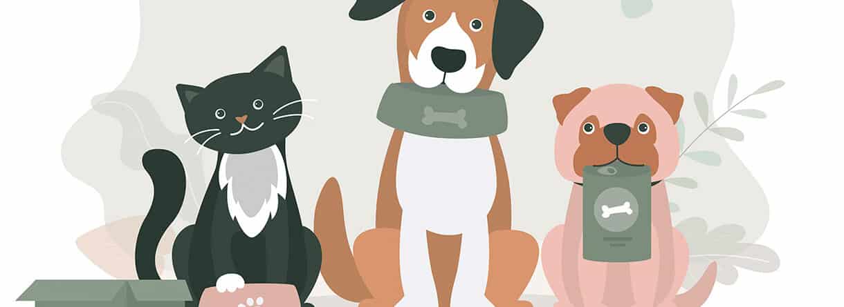 Illustration einer schwarzen Katze und zweier Hunde mit Futternapf, Leckerlis und Tierbedarf.