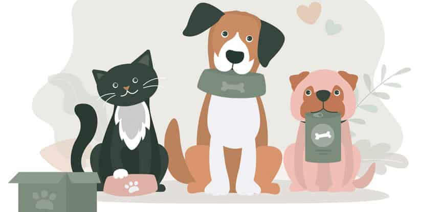 Illustration einer schwarzen Katze und zweier Hunde mit Futternapf, Leckerlis und Tierbedarf.