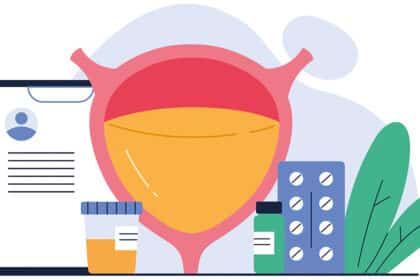 Illustration einer Harnblase mit Medikamenten und medizinischer Dokumentation zur Behandlung von Blasenbeschwerden.