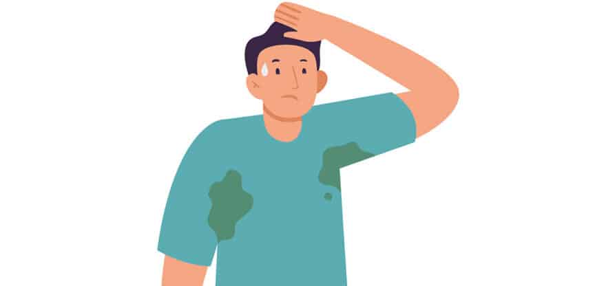 Illustration eines Mannes mit Schweißflecken unter den Achseln als Symbol für starkes Schwitzen.