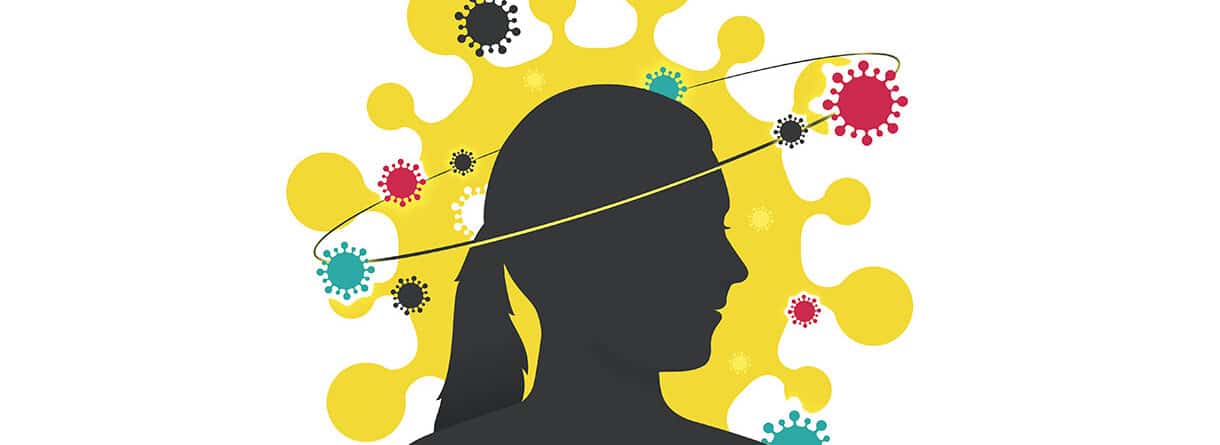 Silhouette einer Frau, umgeben von stilisierten Viren als Symbol für Infektionen und Immunabwehr.