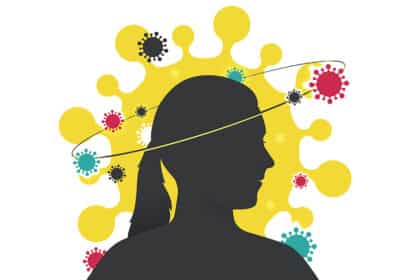 Silhouette einer Frau, umgeben von stilisierten Viren als Symbol für Infektionen und Immunabwehr.