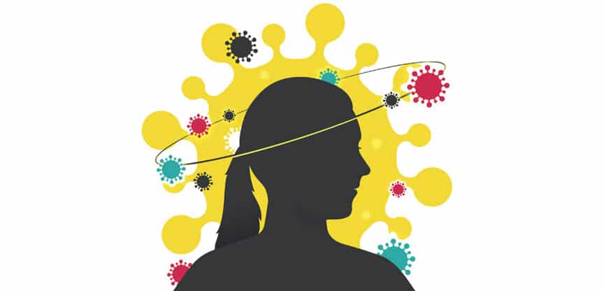 Silhouette einer Frau, umgeben von stilisierten Viren als Symbol für Infektionen und Immunabwehr.