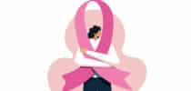 Illustration einer Frau mit großer rosa Schleife als Symbol für Brustkrebs und Brustkrebsbewusstsein.