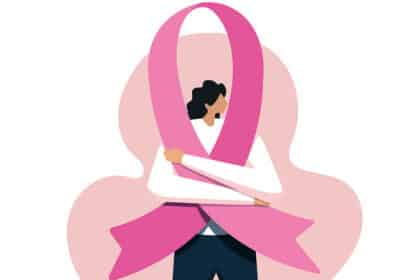 Illustration einer Frau mit großer rosa Schleife als Symbol für Brustkrebs und Brustkrebsbewusstsein.