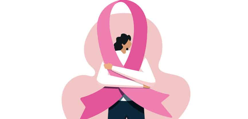 Illustration einer Frau mit großer rosa Schleife als Symbol für Brustkrebs und Brustkrebsbewusstsein.